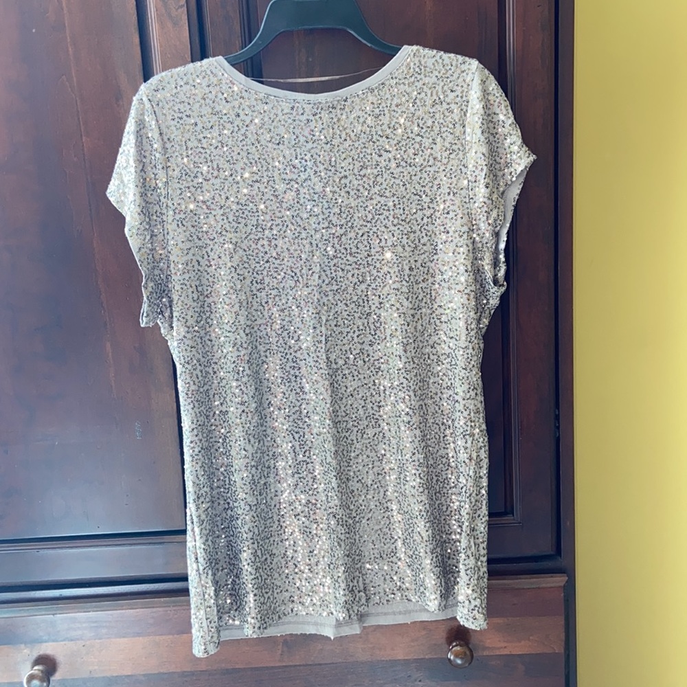 INC Taupe V-neck T-shirt with Silver Sequins - Picture 4 of 9
